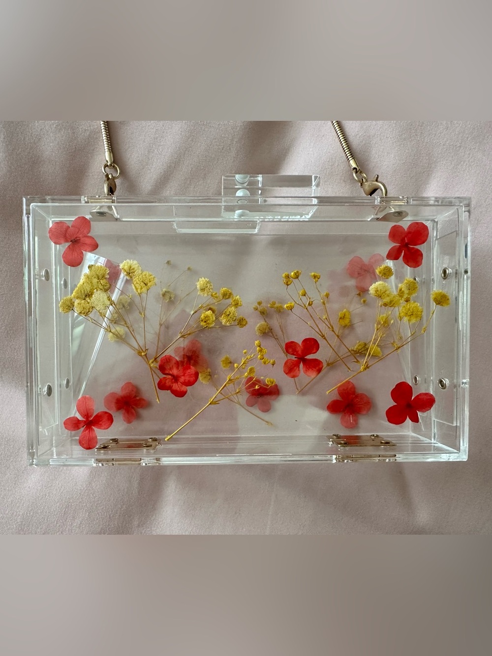Clear Floral Acrylic Clutch Bag with Red Flowers
